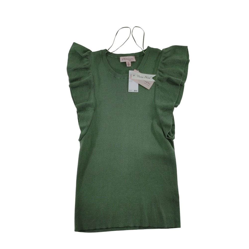 Philosophy Republic Clothing Women L Ribbed Ruffle Sleeve Knit‎ Top Green